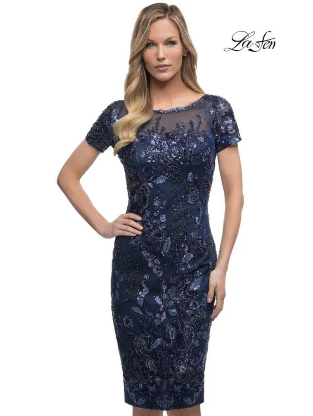 New LA FEMME BEADED ILLUSIONS YOKE Knee Length Dress In Navy Size 6 $498